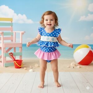 Toddler Girls 2-pc Swimsuit, Embroidered Sea Shells, Pink Blue White Polkadots